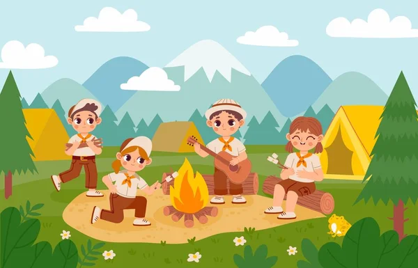 Scout kids by bonfire. Cartoon boys and girls in summer camp with tent, action and adventure on nature. Vector illustration — Stock Vector