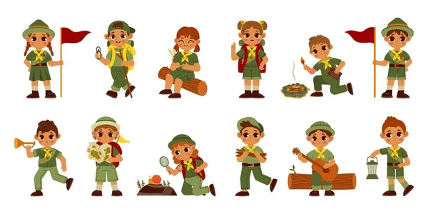 Scout kids. Cute cartoon boys and girls in scout uniform for summer camp survive in wild and build a camp. Vector children characters — Archivo Imágenes Vectoriales
