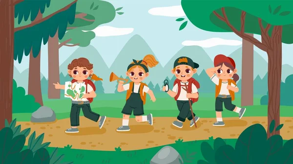 Kids on a hike. Cartoon kids walking in wood, summer journey and adventure trip with backpacks. Vector scout kids survive in nature - Stok Vektor