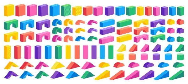 Isometric block constructor. Cartoon colorful building puzzle for children, plastic cubes cylinders and cones — Stock vektor