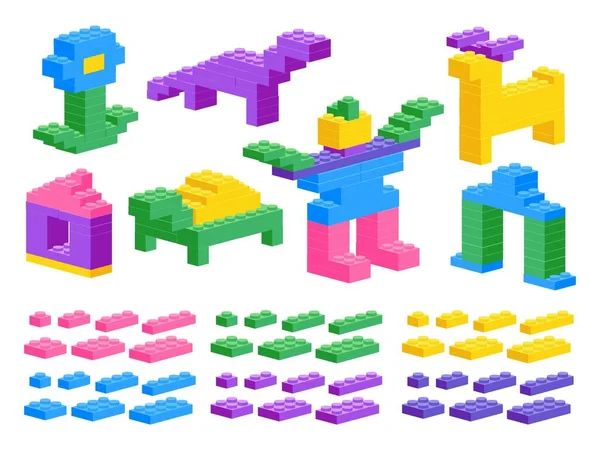 Juguete de construcción plástico. bloques de construcción de dibujos animados juego de puzzle, juguete de ladrillo geométrico preescolar. Vector niños juego piezas aisladas conjunto — Vector de stock