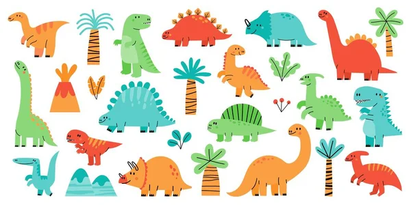 Lindo dinosaurio. Adorable caricatura bebé dino, divertida colección de animales infantiles, escandinavo doodle kindergarten personaje clipart. Conjunto de vectores — Archivo Imágenes Vectoriales