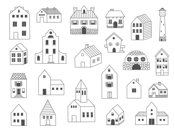 Doodle house. Carino edificio in legno cabina, divertente cottage disegnato a mano e bozzetto fienile. Insieme isolato della famiglia rurale del villaggio del vettore — Vettoriale Stock