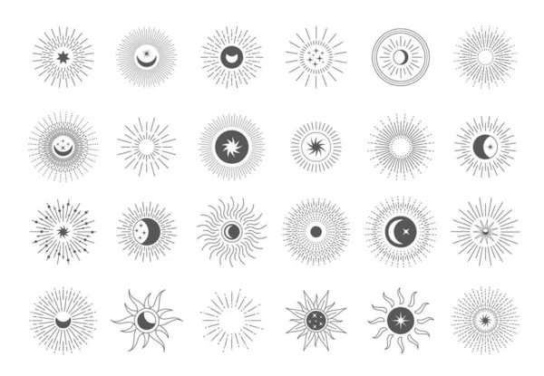 太陽線のロゴ。ロゴ、エンブレムとバナーのためのボヘミアン装飾シンボル。ベクトル太陽幾何学記号 — ストックベクタ