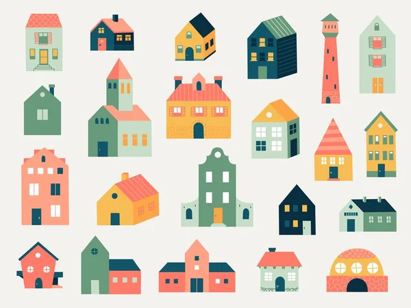 Doodle colored houses. Abstract hand drawn line cottage houses and rural farm buildings, cute small neighborhood houses. Vector isolated set — Vector de stock