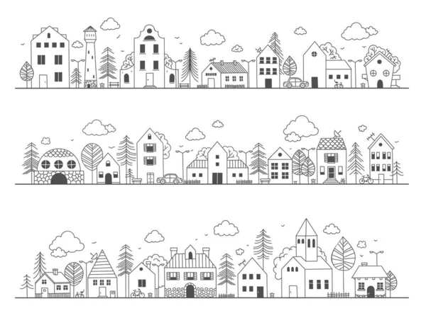 Вулиця Дудл-сіті. Симпатичні сільські будівлі з деревами, намальований рукою сільський район ескіз з маленькими будинками. Векторна дитяча сцена — стоковий вектор