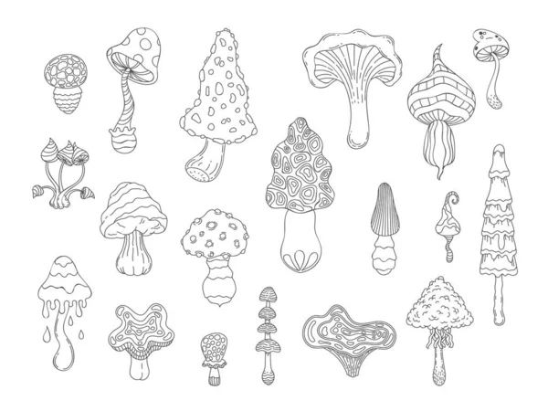Psychedelic mushrooms. Abstract hand drawn coloring amanita and hipppie fungi, stylized linear magic mushrooms graphic. Vector isolated set —  Vetores de Stock