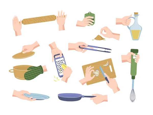 Set di stoviglie a mano. Mani femminili che tengono utensili e accessori culinari, cucinare e utilizzare oggetti da cucina. Set vettoriale isolato — Vettoriale Stock