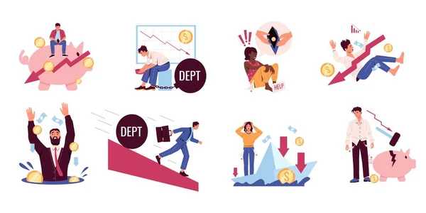 Financial crisis. Business bankruptcy, money loss, and economy collapse cartoon concepts with business characters. Vector credit and loan scenes — 스톡 벡터