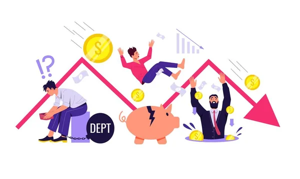 Money loss. Financial crisis and business bankruptcy concept with depressed businessmen characters under falling arrow. Vector illustration — Stock Vector