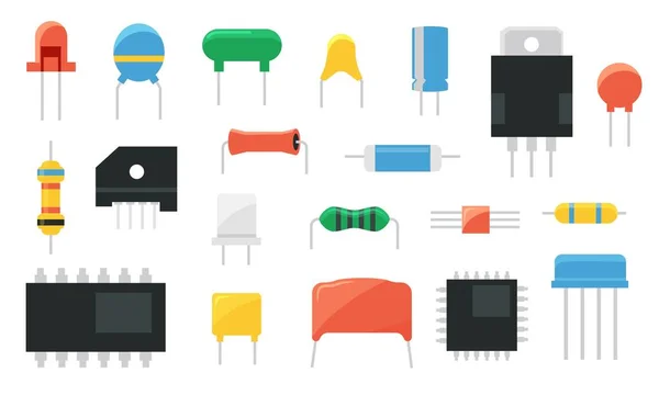 Electronic component. Semiconductor chip capacitor transistor resistor and LED hardware. Vector electric circuit board ceramic parts isolated set — Stockvector