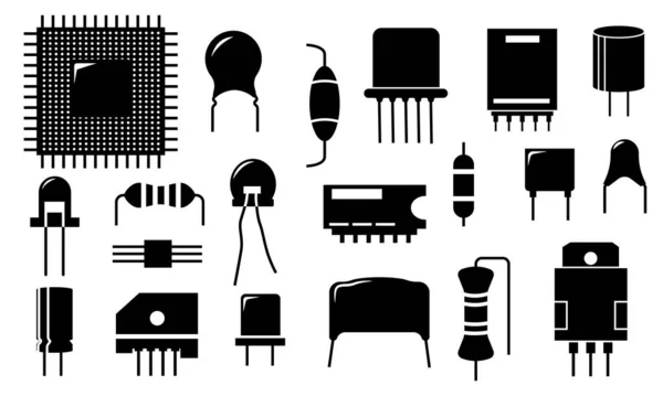 Schwarze Symbole elektronischer Komponenten. Elektrische Leiter- und Halbleiterteile, Dioden-Transistorwiderstandskondensatorelemente. Vektorsatz — Stockvektor