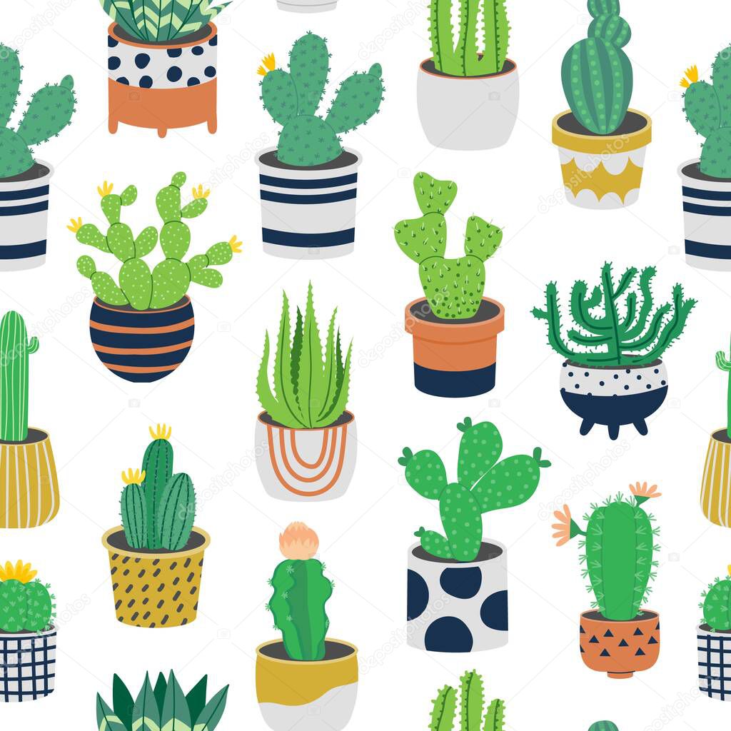 Cactus pattern. Seamless print with desert succulent plant, decorative exotic flora. Vector texture