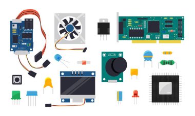 DIY denetleyici. Mikro denetleyici ve akıllı ev devre kartı, kablolar ve yarı iletkenler vektörü için elektrik ve mekanik bileşenler
