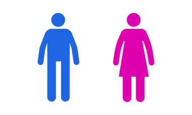 Çubuk adam ve kadın. Erkek ve kadın tuvalet ikonu, siyah insan figürü silueti, erkek ve kız cinsiyet piktogramı. Vektör illüstrasyonu