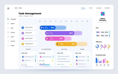 Schedule app. Task manager UI template with project timeline, time optimization and task management web app dashboard interface. Vector design