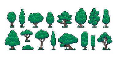 Piksel ağaçları. Çizgi film 8 bit retro oyun doğa bitki ve çevre objesi, video oyunu ruhu. Vector orman manzarası elementleri izole edildi