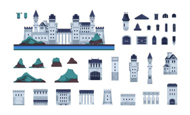 Castle constructor. Cartoon fortress kit, towers walls roof and gate, medieval bastion elements. Vector fantasy ancient architecture elements