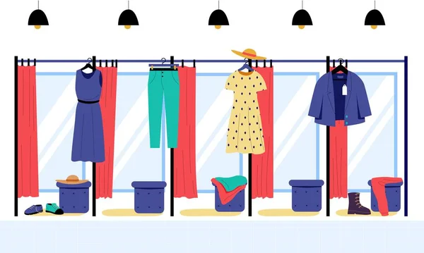 De kleedkamer. Kleding en schoenenwinkel lege kleedkamers met spiegels en gordijnen. Vectorillustratie — Stockvector