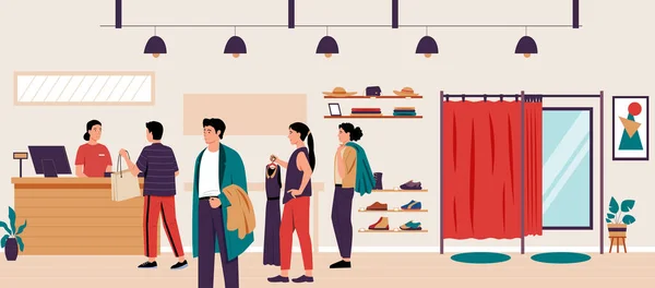 Queue at boutique. Fashion showroom checkout with line of customers with trendy clothes. Vector cashier at clothing store illustration —  Vetores de Stock