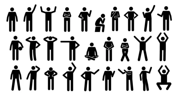Stickman postures. Black silhouette simplified people, human figures standing in various relaxed postures. Vector man pictogram isolated set — Wektor stockowy