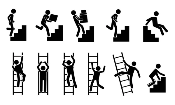 Stick man go up. Black pictograms of people climbing on staircase and ladder, stickman silhouettes. Vector movement and success concept — Wektor stockowy