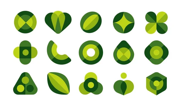 Minimalistické tvary loga. Abstraktní zelené geometrické prvky, zdravé čerstvé potraviny a ekologické produkty. Izolovaná sada vektorů — Stockový vektor