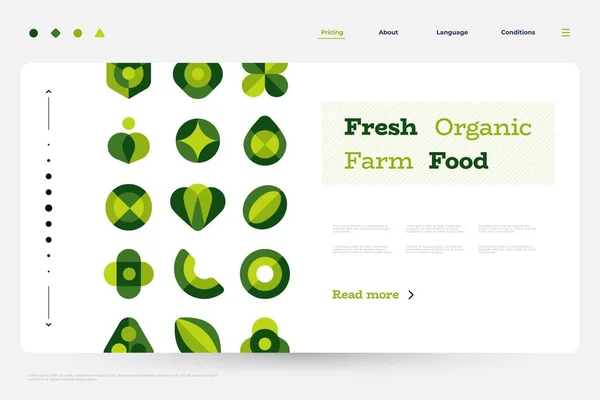 Organic food landing. Web page template with flat geometric abstract shapes, minimalist green plants and fresh food forms. Vector illustration — Vetor de Stock