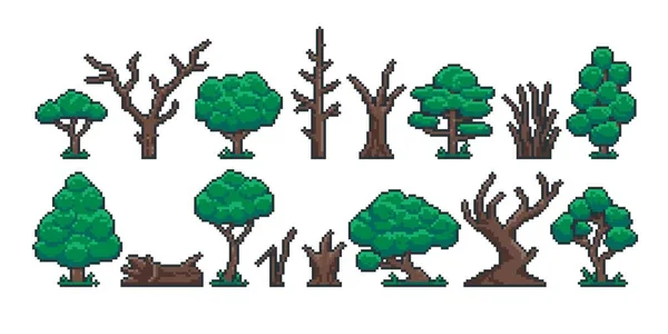 Pixel tree trunk. Retro 8 bit video game sprite asset, green trees old dry stump trunk and log game interface objects. Vector isolated set — Stockový vektor