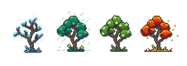 Árvore de pixel. Árvore de desenhos animados de outono e inverno de 8 bits de primavera para videogame retro. Vetor planta jardim verde e branco — Vetor de Stock