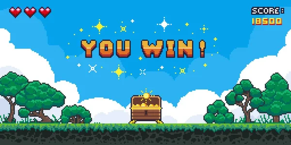 Piksel oyunu kazanır. You Win metni ile 8 bit video oyunu arayüzü, bilgisayar oyunu seviyesi arkaplanı. Vektör piksel resim çizimi
