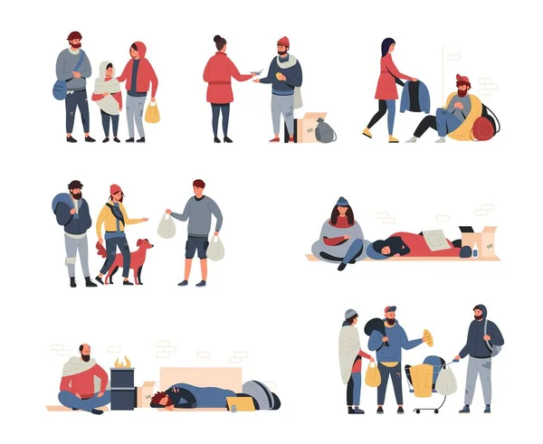 Homeless people. Cartoon poor family, hungry and dirty child man and woman begging and looking for food and shelter. Vector persons of poverty set — Stock Vector