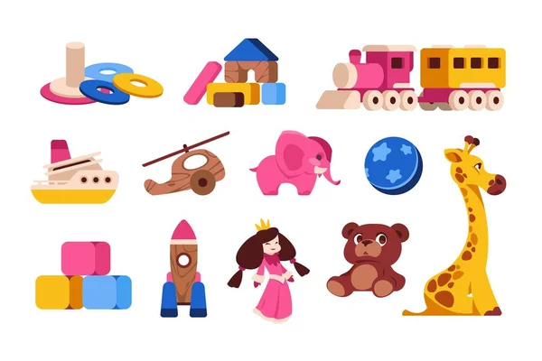 Brinquedos infantis de desenhos animados. Bebê e criança coloridos brinquedos plásticos diferentes, vários animais de transporte e quebra-cabeças. Coleção de brinquedos isolados infantis vetores — Vetor de Stock