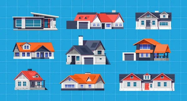 Village houses. Small town cottage, one and two-story rural buildings, cute cartoon suburban real estate house exteriors. Vector set — Stok Vektör
