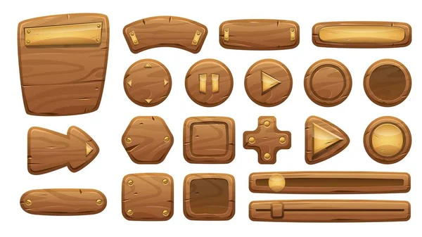 Ξύλινο πάνελ διασύνδεσης. 2D κουμπιά ξύλο κινουμένων σχεδίων παιχνίδι και μενού UI στοιχεία, άδειο πινακίδα και πανό. Απομονωμένη συλλογή περιουσιακών στοιχείων διανυσματικών παιχνιδιών — Διανυσματικό Αρχείο