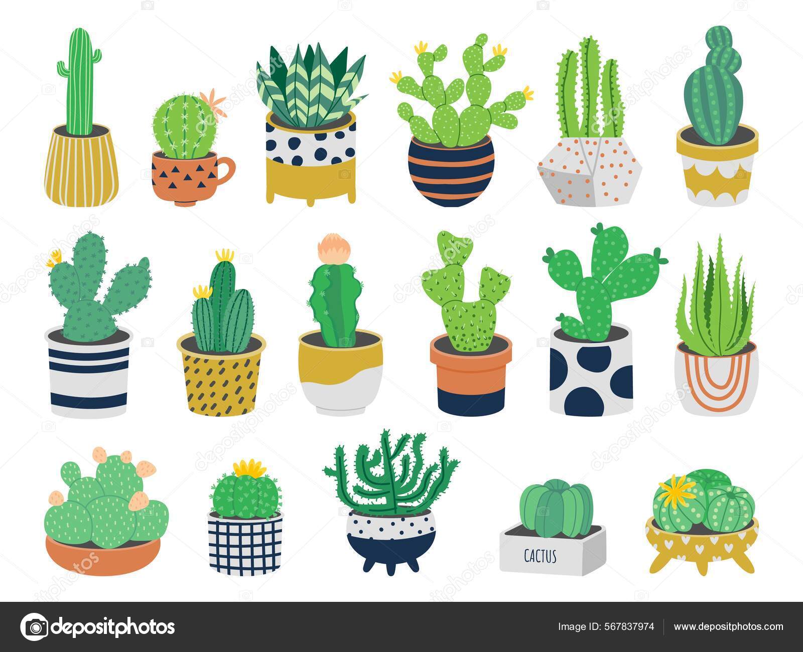 Cactos em vasos de desenhos animados, plantas do deserto, cactos e