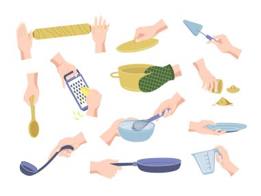 Kollar yemek pişirme seti. Kadın ellerinin mutfak aksesuarları ve çatal bıçaklarıyla hazırlanıyor. Vektör mutfak gereçleri ve mutfak ekipmanları ayarlandı