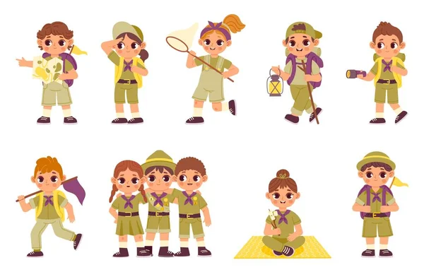 Kids in scout camp. Cartoon boys and girl in scout clothes make a fire and build tent in summer camp. Vector isolated set — Archivo Imágenes Vectoriales