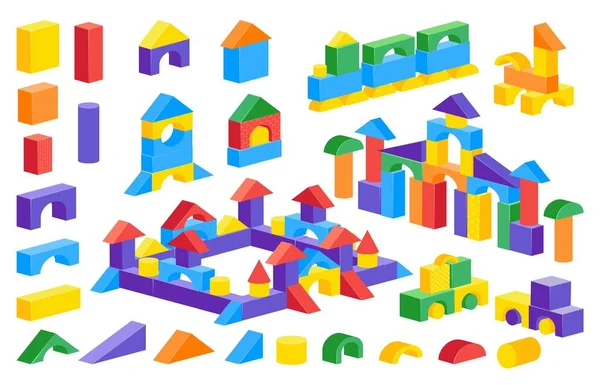Cartoon block castle. Colorful children constructor toy, plastic brick puzzle game, building car castle. Vector cylinder cone cube parts isolated set — Vetor de Stock