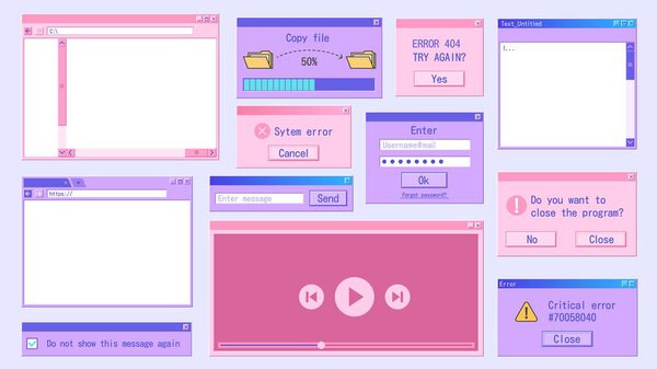 Окно ретро компьютера. Retmicrowave internet browser, frame folder, pop-up message 90s design. Векторный пользовательский набор старого программного обеспечения