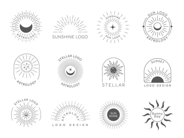 Sun emblem. Linear starburst business logo, boho decorative banner template. Vector isolated set — Stock vektor