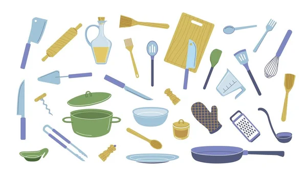 Cartoon kitchenware set. Vector kitchen utensils tools and equipment, cartoon cooking appliance. Vector cookware isolated set — Vetor de Stock