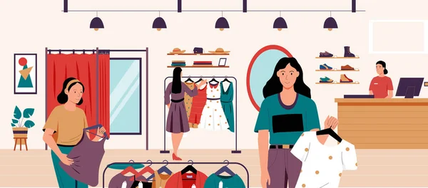 Mode boetiek. Cartoon vrouwen personages in kleding winkel op zoek en proberen trendy schoenen en kleding. Vectorillustratie — Stockvector