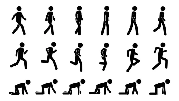 Stick man walk. Kit de animação preto de andar correndo e rastejando simples ícones de silhueta humana. Vector pedestre executar e andar sequência —  Vetores de Stock