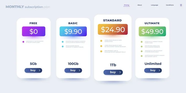 Pricing table. Monthly subscription comparison table infographic template with checklist of features. Vector web application presentation — Stock Vector