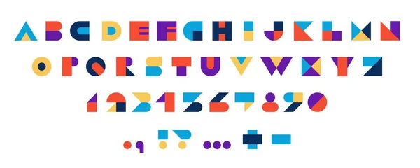 Geometric alphabet. Modern abstract typeface with numbers and punctuation marks, stylized colorful typography characters. Vector set — Vector de stock