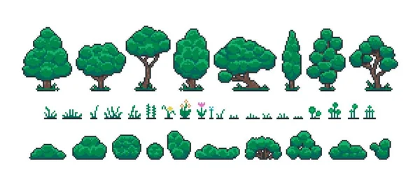Pixel forest set. Retro 8 bit video game UI elements, trees bushes and grass sprite asset, background landscape objects. Vector isolated collection — Stockový vektor