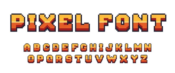 Pixel game fuente. Arcade símbolos de alfabeto de 8 bits, elementos de texto de consola retro, letras de tipo 80. Juego de cartas cómicas de videojuegos y computadora vectorial — Archivo Imágenes Vectoriales