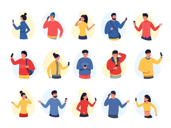 People talking on phone. Emotional characters communicating on smartphones, different reaction on conversation. Vector set — Stock Vector