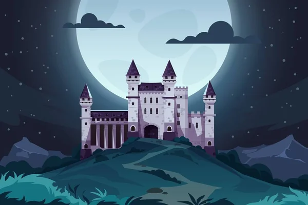 Evening cartoon castle. Medieval fairytale fortress at night, magic landscape with royal palace. Vector kingdom capital scene — 스톡 벡터